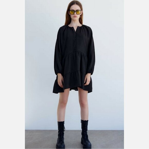 Zara Black Flat Leather Platform Combat Boots - Picture 4 of 7